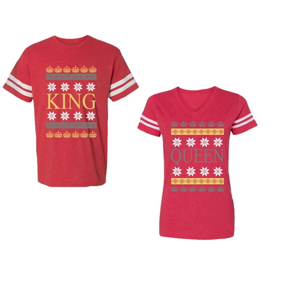 Christmas King Queen Unisex Couple Matching Cotton Jersey style T-Shirt Contrasting stripes on sleeves (Men Red / Women Red) (Men XXL / Women XL)