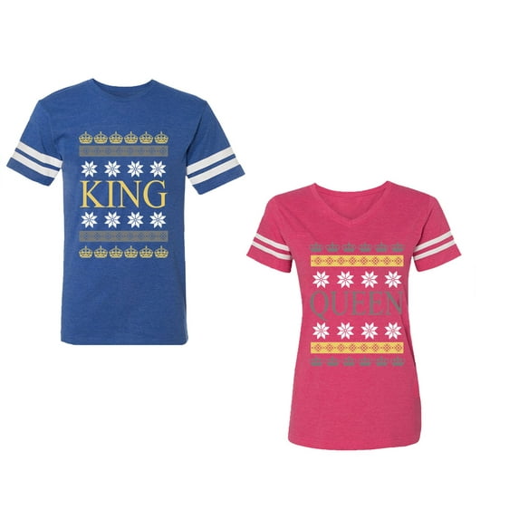 Christmas King Queen Unisex Couple Matching Cotton Jersey style T-Shirt Contrasting stripes on sleeves (Men Royal / Women Pink) (Men M / Women L)