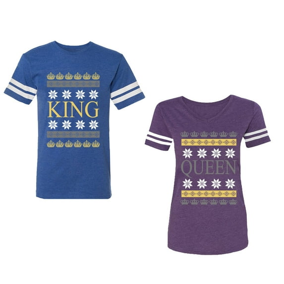 Christmas King Queen Unisex Couple Matching Cotton Jersey style T-Shirt Contrasting stripes on sleeves (Men Royal / Women Purple) (Men S / Women L)