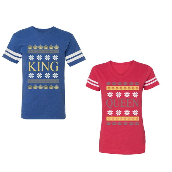 Christmas King Queen Unisex Couple Matching Cotton Jersey style T-Shirt Contrasting stripes on sleeves (Men Royal / Women Red) (Men XXL / Women XL)