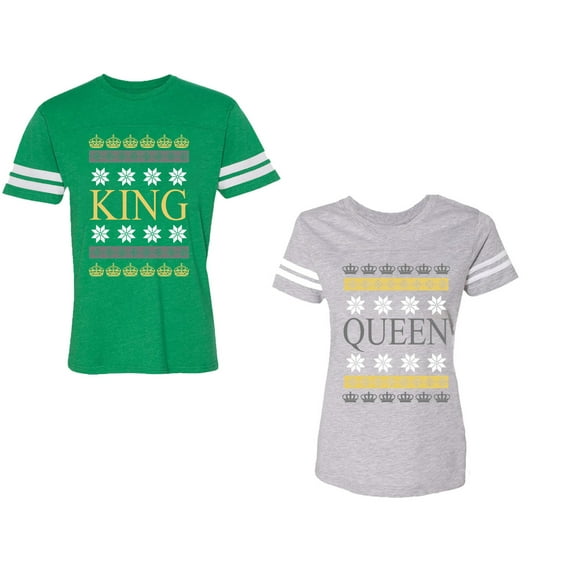 Christmas King Queen Unisex Couple Matching Cotton Jersey style T-Shirt Contrasting stripes on sleeves (Men Green / Women Heather) (Men L / Women XXL)
