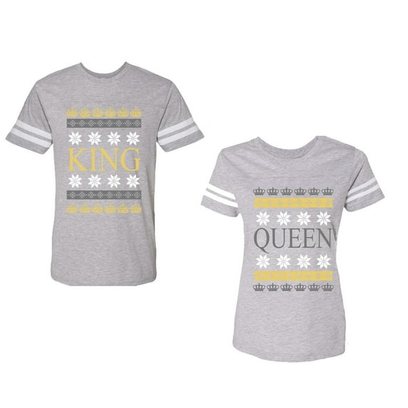 Christmas King Queen Unisex Couple Matching Cotton Jersey style T-Shirt Contrasting stripes on sleeves (Men Heather / Women Heather) (Men S / Women S)