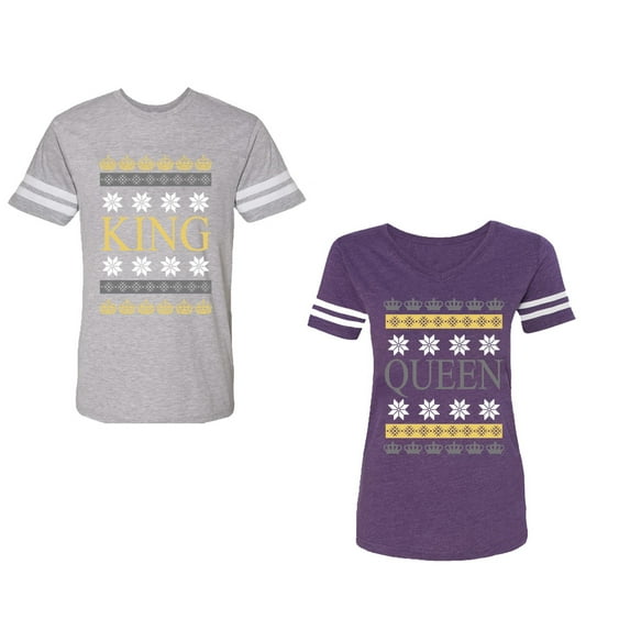 Christmas King Queen Unisex Couple Matching Cotton Jersey style T-Shirt Contrasting stripes on sleeves (Men Heather / Women Purple) (Men XL / Women L)