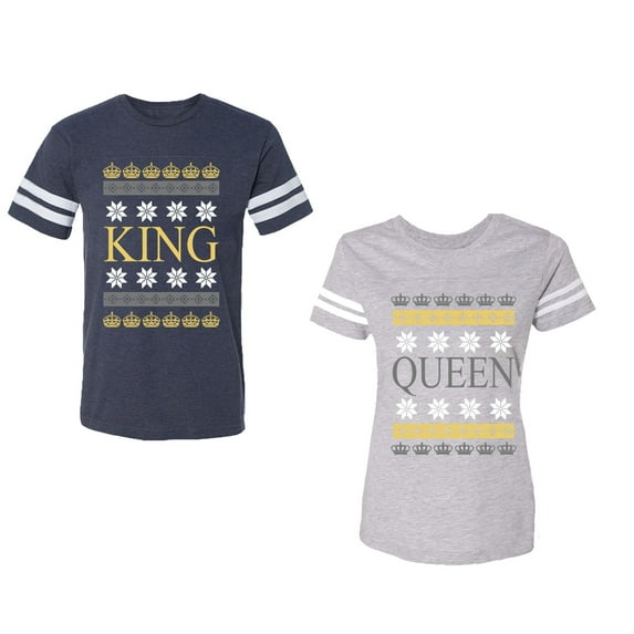 Christmas King Queen Unisex Couple Matching Cotton Jersey style T-Shirt Contrasting stripes on sleeves (Men Navy / Women Heather) (Men XXL / Women XL)