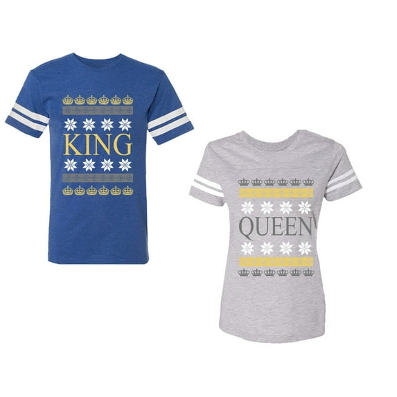 Christmas King Queen Unisex Couple Matching Cotton Jersey style T-Shirt Contrasting stripes on sleeves (Men Royal / Women Heather) (Men XL / Women XXL)
