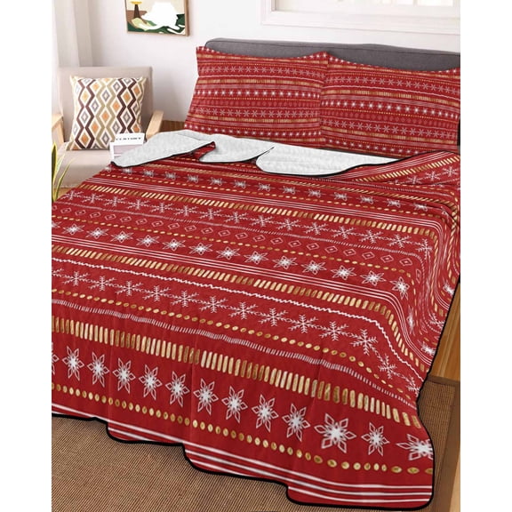 Christmas, King Size Down Alternative Comforter, Lightweight Comforter Quilt Bedding Set with Pillow Shams Boho Red Gold Geometric Stripes Dots All Seasons Bed Comforter Duvet Insert 96"x106"