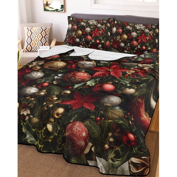 Christmas King Size Down Alternative Comforter, Lightweight Comforter Quilt Bedding Set with Pillow Shams Poinsettia Xmas Balls Snowflake All Seasons Bed Comforter Duvet Insert 96"x106"