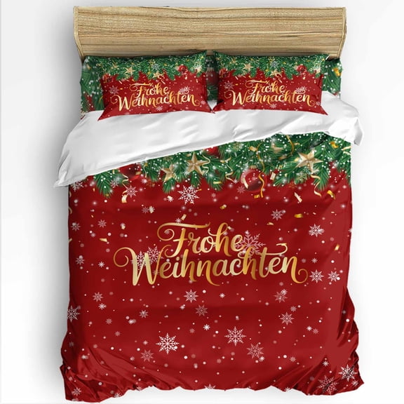 Christmas King Size Comforter Set, Frohe Weihnachten Green Leaf Xmas Ball Snow Red Soft Bedding for All Seasons, 4 Pcs Bed Set with 1Comforter (90"x106") ,1 Sheet(94"x116"), 2 Pillowcases (19"x35")