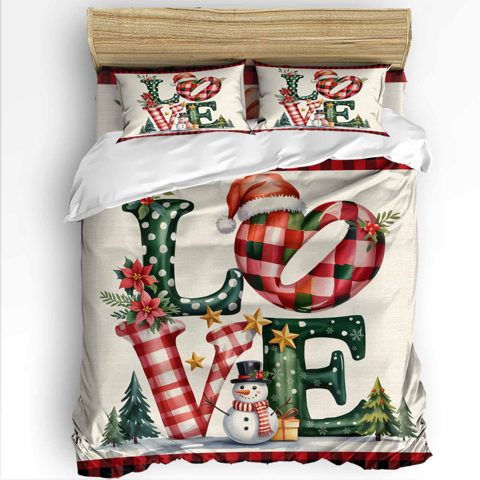 Christmas King Size Comforter Set, Red Green LOVE Snowman Xmas Red ...