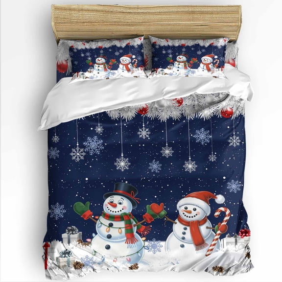 Christmas King Size Comforter Set, Red Snowman White Snow Pine Leaf Xmas Box Navy Blue Bedding for All Seasons, 4 Pcs Bed Set with 1Comforter (90"x106") ,1 Sheet(94"x116"), 2 Pillowcases (19"x35")
