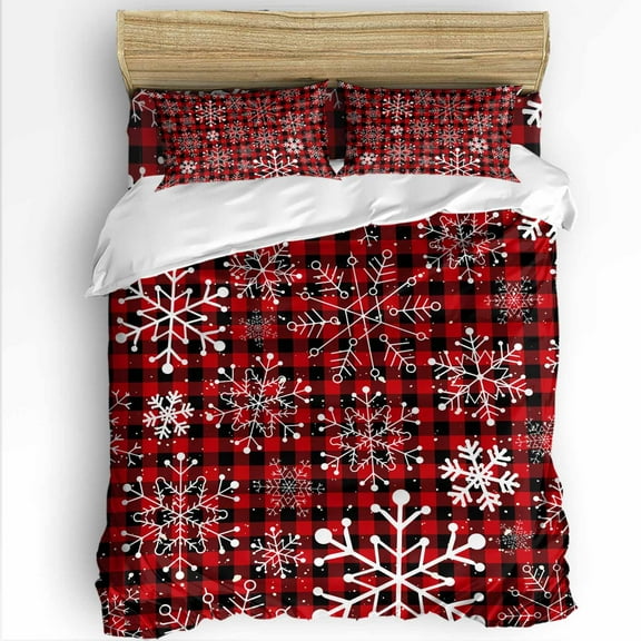 Christmas King Size Comforter Set, Winter Snowflakes Red Black Buffalo Plaid Soft Bedding for All Seasons, 4 Pcs Bed Set with 1Comforter (90"x106") ,1 Sheet(94"x116"), 2 Pillowcases (19"x35")