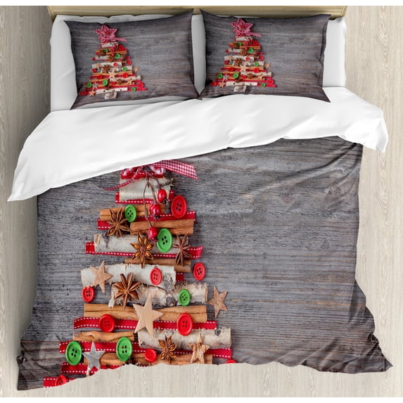 Christmas King Size Duvet Cover Set, Abstract Cloth Style Tree Concept with Buttons Star Tree Topper Wooden Backdrop, Decorative 3 Piece Bedding Set with 2 Pillow Shams, Multicolor, by Ambesonne