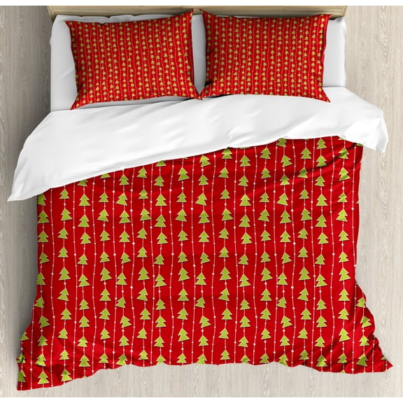 Christmas King Size Duvet Cover Set, Coniferous Tree of New Year's Eve Line up on Vertical Stripes Green Xmas, Decorative 3 Piece Bedding Set with 2 Pillow Shams, Red Green White, by Ambesonne