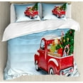 thumbnail image 1 of Christmas King Size Duvet Cover Set, Red Classical Pickup Truck with Tree Gifts and Ornaments Snowy Winter Day Image, Decorative 3 Piece Bedding Set with 2 Pillow Shams, Blue Red, by Ambesonne, 1 of 3