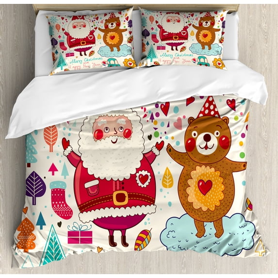 Christmas King Size Duvet Cover Set, Santa and Teddy Bear Vintage Christmas Season Ornaments Party Kids Nursery Theme, Decorative 3 Piece Bedding Set with 2 Pillow Shams, Multicolor, by Ambesonne