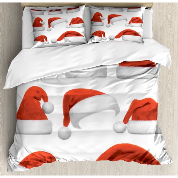 Christmas King Size Duvet Cover Set, Set of Classical Santa Claus Hats Xmas New Year Celebration Tradition Party Theme, Decorative 3 Piece Bedding Set with 2 Pillow Shams, Red White, by Ambesonne