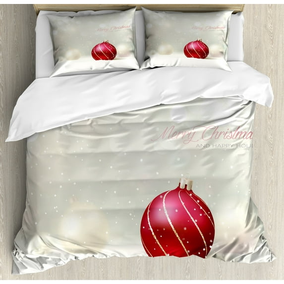 Christmas King Size Duvet Cover Set, Snow Effect Background Bauble with Curved Lines Xmas Trinket Happy Holidays, Decorative 3 Piece Bedding Set with 2 Pillow Shams, Dust Ruby Gold, by Ambesonne