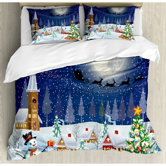 Christmas King Size Duvet Cover Set, Winter Season Snowman Xmas Tree Santa Sleigh Moon Present Boxes Snow and Stars, Decorative 3 Piece Bedding Set with 2 Pillow Shams, Blue White, by Ambesonne