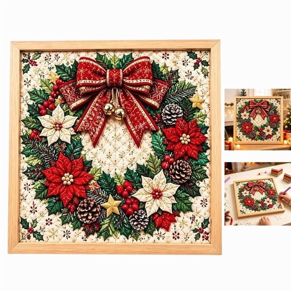 Christmas Kintsugi Fabric Art Kit for Adults,DIY 3D Xmas No Sew Fabric Mosaic Wall Art Craft includes frame Pre Cut Picture Art, Holiday Home