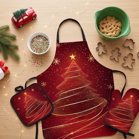Christmas Kitchen Apron Oven Mitt and Pot Holder Set of 3, Heat Resistant Cotton Baking Cooking Gift, Holiday Cooking Supplies
