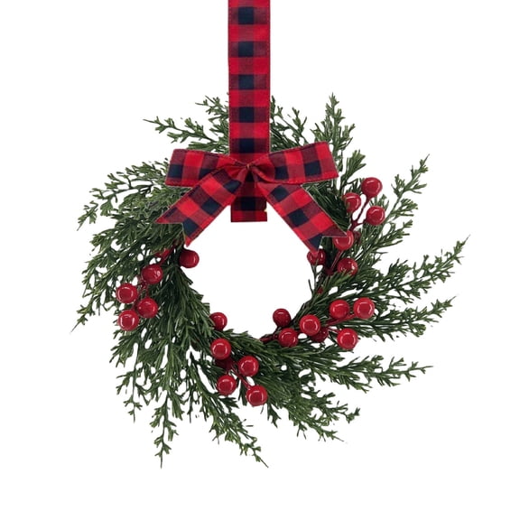 Christmas Kitchen Cabinet Wreaths with Ribbon Bow, 10.2" Christmas Wreath Xmas Fireplace Decor, Red Berries Winter Window Wreath Garland for Door Window Christmas Party Decor, 1Pc(Red2,10.2x10.2")
