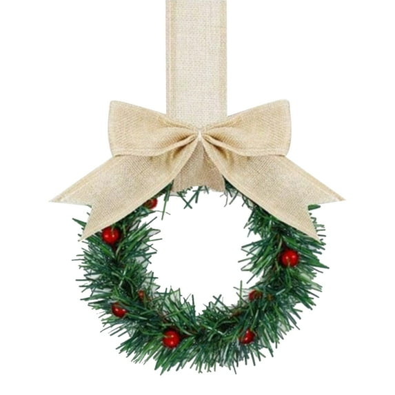 Christmas Kitchen Cabinet Wreaths with Ribbon and Red Berry, Mini Christmas Wreath, Small Kitchen Xmas Decor for Front Door Window Chair Fireplace Table Pillar Farmhouse, 1 Pcs, 21.7x5.12"