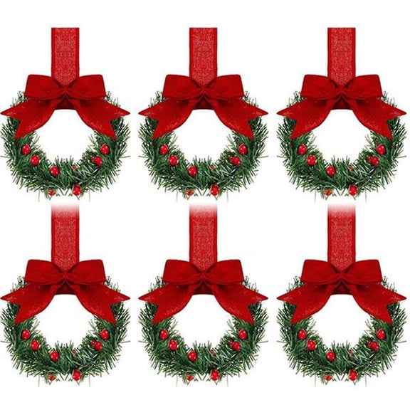 Christmas Kitchen Cabinet Wreaths with Red Ribbon Mini Christmas Wreath Small Kitchen Xmas Party Decor for Window Door (6Pc)