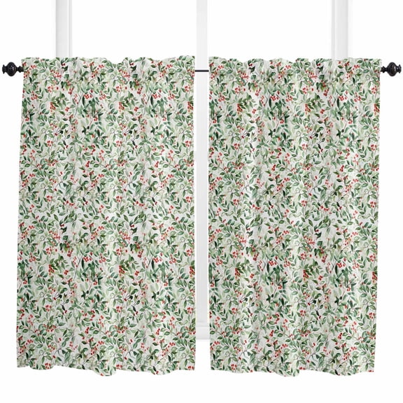 Christmas Kitchen Curtain 2 Panels Curtains 45 Inch Length, Xmas Botanical Berry Red Green Watercolor Curtains Rod Pocket Curtains Window Drapes Treatment Window Cafe Curtains