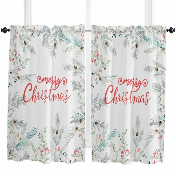 Christmas Kitchen Curtain 2 Panels Curtains 45 Inch Length, Xmas Botanical Snowflake Pine Cones Curtains Rod Pocket Curtains Window Drapes Treatment Window Cafe Curtains