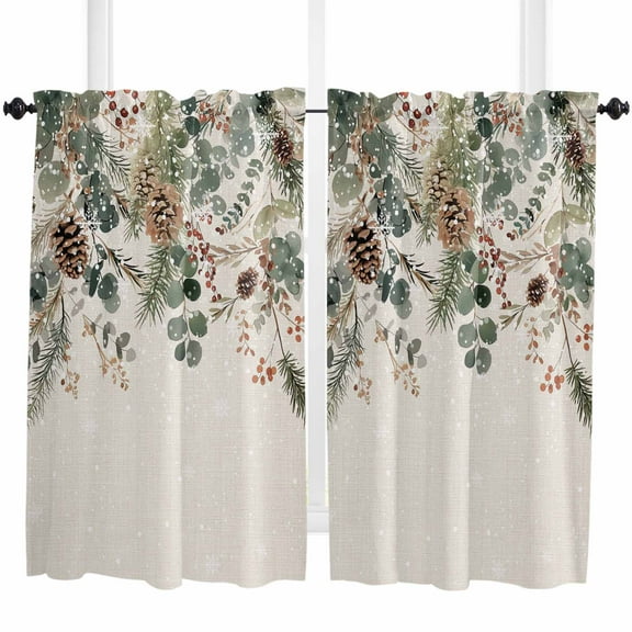 Christmas Kitchen Curtain 2 Panels Curtains 54 Inch Length, Xmas Botanical Pinecone Eucalyptus Leaves Rustic Curtains Rod Pocket Curtains Window Drapes Treatment Window Cafe Curtains