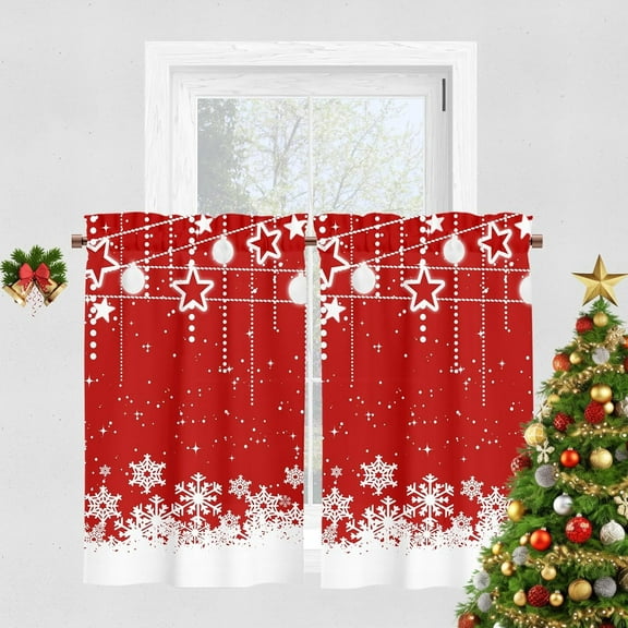 Christmas Kitchen Curtain 2 Panels Set, Red Snowflakes Velvet Curtains for Cafe Window, Winter Holiday Treatment Rod Pocket Thermal Insulated Room Darkening, 26x36 Inch