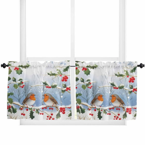 Christmas Kitchen Curtain 2 Panels Tiers Curtains 24 Inch Length, Birds Xmas Snowflake Botanical Curtains Rod Pocket Curtains Window Drapes Treatment Window Cafe Curtains