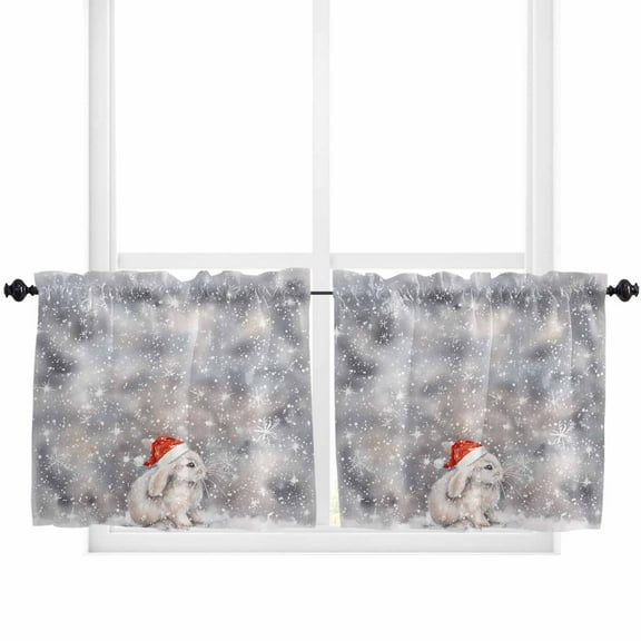 Christmas Kitchen Curtain 2 Panels Tiers Curtains 24 Inch Length, Xmas Snowflake Grey Bunny Curtains Rod Pocket Curtains Window Drapes Treatment Window Cafe Curtains