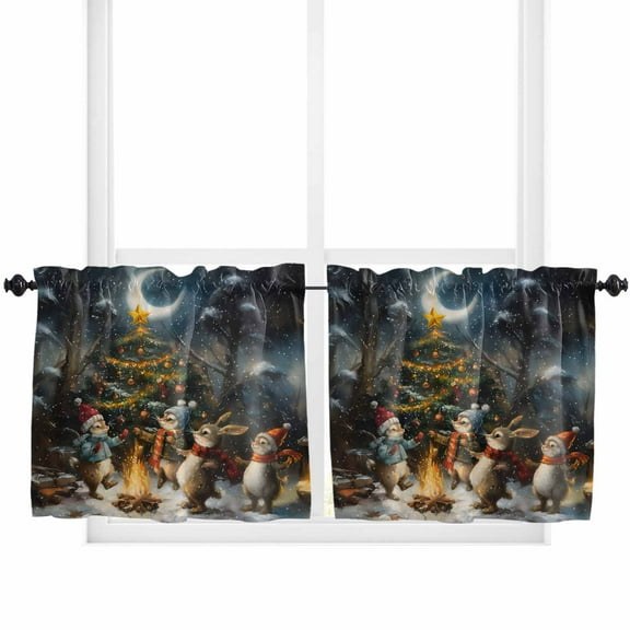 Christmas Kitchen Curtain 2 Panels Tiers Curtains 36 Inch Length, Winter Snowflake Animals Xmas Tree Moon Curtains Rod Pocket Curtains Window Drapes Treatment Window Cafe Curtains