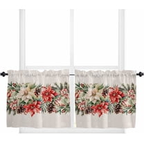 Christmas Kitchen Curtain 2 Panels Tiers Curtains 36 Inch Length, Xmas Botanical Poinsettia Snowflake Curtains Rod Pocket Curtains Window Drapes Treatment Window Cafe Curtains