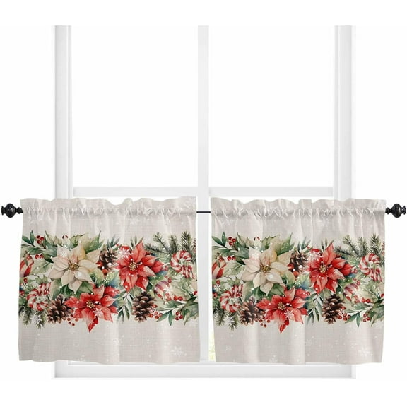 Christmas Kitchen Curtain 2 Panels Tiers Curtains 36 Inch Length, Xmas Botanical Poinsettia Snowflake Curtains Rod Pocket Curtains Window Drapes Treatment Window Cafe Curtains