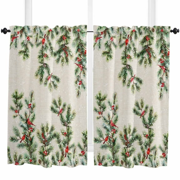 Christmas Kitchen Curtain 2 Panels Tiers Curtains 45 Inch Length, Xmas Botanical Pine Needle Berry Rustic Curtains Rod Pocket Curtains Window Drapes Treatment Window Cafe Curtains