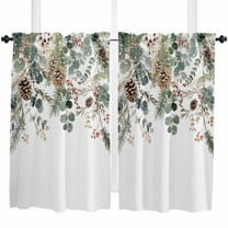 Christmas Kitchen Curtain 2 Panels Tiers Curtains 45 Inch Length, Xmas Botanical Pinecone Eucalyptus Leaves Curtains Rod Pocket Curtains Window Drapes Treatment Window Cafe Curtains
