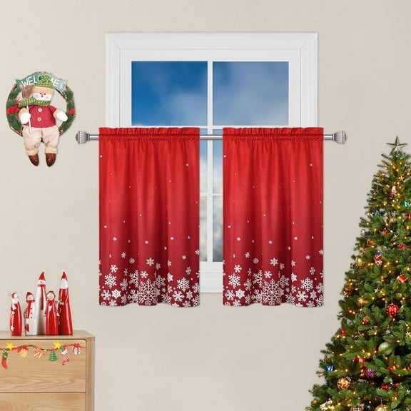 Christmas Kitchen Curtain Cafe Curtain Velvet Fabric 24 Inch Tier Curtains Window Treatment Rod Pocket for Home Decor 2 Panels for Bathroom, Living Room Christmas Decoration
