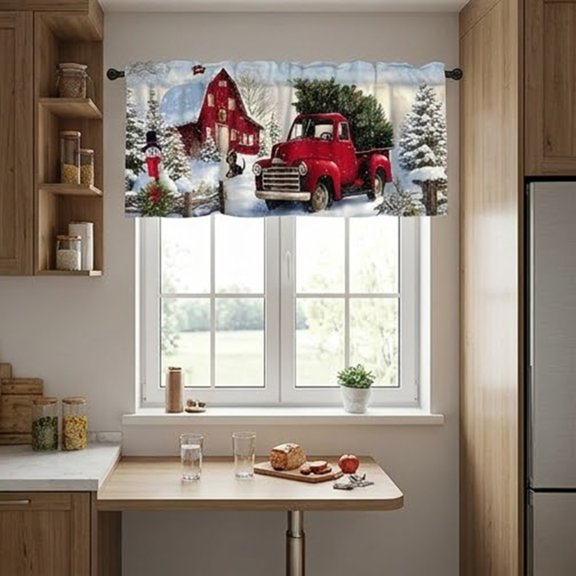 Christmas Kitchen Curtain, Rod Pocket Short Valance Panel with Winter Truck Scene, Light Filtering Window Topper for Kitchen Bathroom Cabin