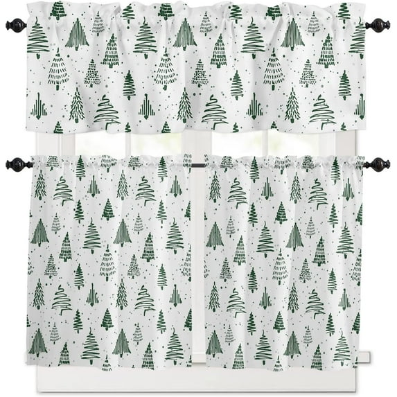 Christmas Kitchen Curtain Set Christmas Trees Snow Rod Pocket Kitchen Tier Curtains Valance Set 3 Piece Green White Christmas Window Curtain Valance Tier Set 54 in x 36 in