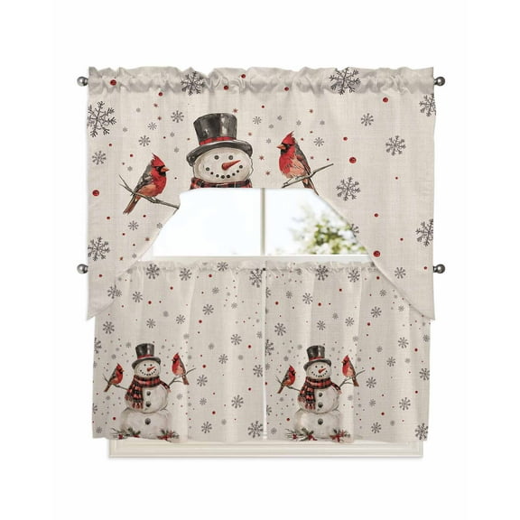 Christmas Kitchen Curtain and Valance Set 3 Pieces,Rod Pocket Short Tier Curtains 24 Inch Length,Snowman Snowflake Red Xmas Birds Rustic Swag Topper Small Window Treatment for Cafe Bathroom Bedroom