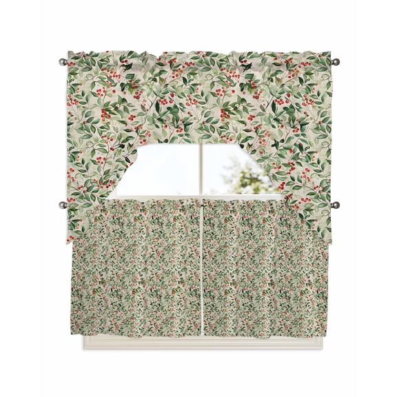 Christmas Kitchen Curtain and Valance Set 3 Pieces,Rod Pocket Short Tier Curtains 24 Inch Length,Xmas Botanical Berry Red Green Watercolor Rustic Swag Topper Small Window Treatment for Cafe Bathroom