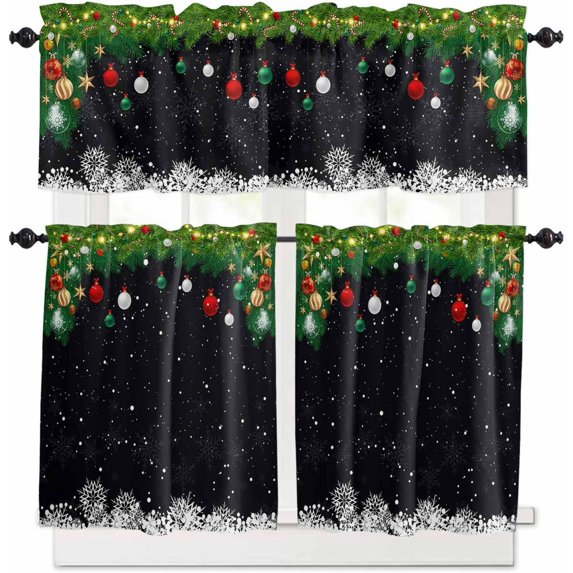 Christmas Kitchen Curtain Valance and Tiers Set Xmas Baubles Coniferous 3 Pc Window Treatment Pine Tree Twig Black 3 Pieces Rod Pocket Valance Set for Small Windows Bedroom 54 in x 24 in