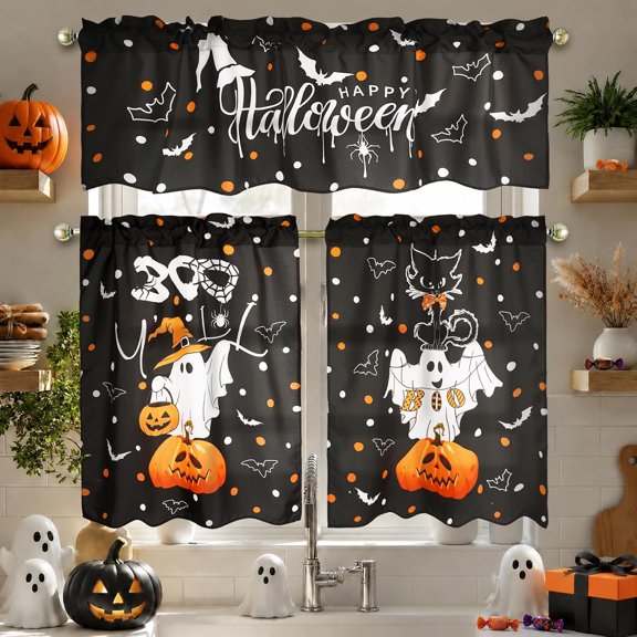 Christmas Kitchen Curtains 3‑Piece Set, Black Background Halloween Ghost Pumpkin Bat Happy Halloween Polka Dots Window Curtain Valance Tier Curtain for Kitchen Dining Room Decor 52x18 Inch & 26x36 In