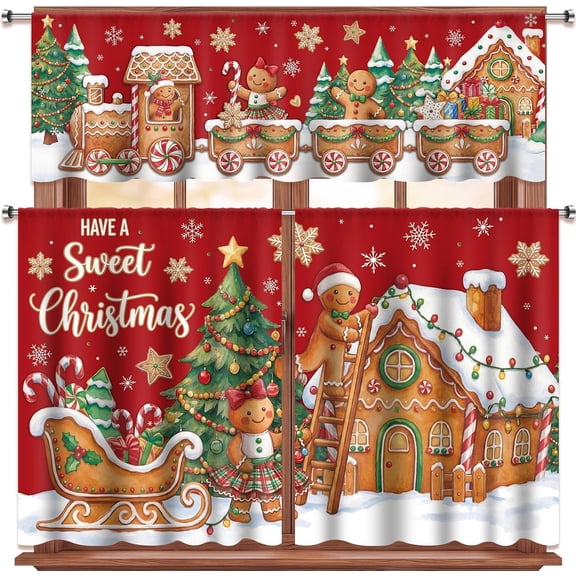 Christmas Kitchen Curtains 3‑Piece Set, Gingerbread Train Sleigh Have A Sweet Christmas Letter Xmas Tree Snowflake Window Curtain Valance Tier Curtain for Kitchen Dining Room Decor 52x18 Inch & 26x36