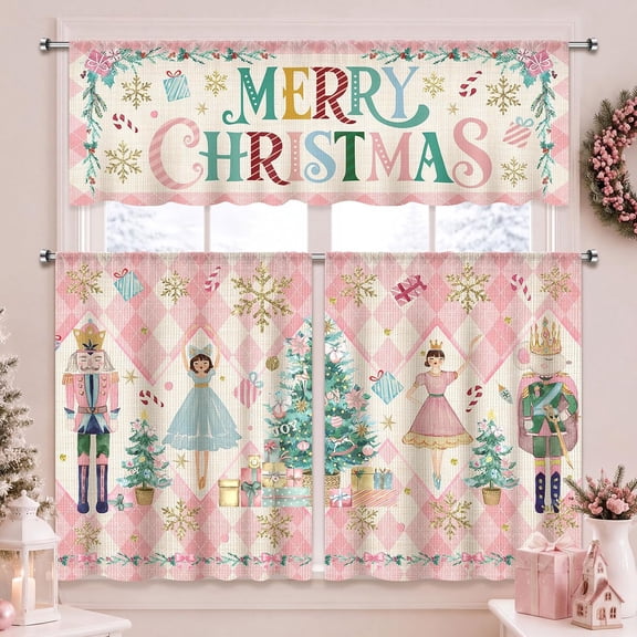 Christmas Kitchen Curtains 3‑Piece Set, Pink Argyle Nutcracker Dancing Girl Colorful Merry Christmas Candy Gift Xmas Tree Window Curtain Valance Tier Curtain for Kitchen Dining Room Decor 52x18 Inch