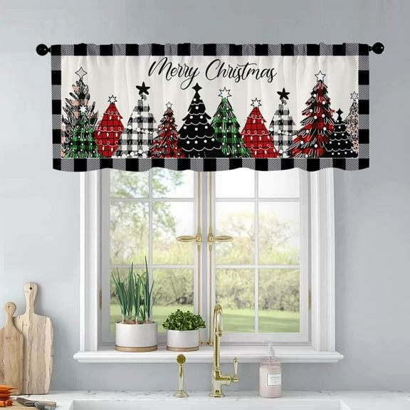 Christmas Kitchen Curtains Black and White Buffalo Plaid Christmas Tree Windows Valances Rod Pocket Curtain Valance for Bathroom Living Room Cafe 54x18 inch Window Treatment for Home Decor