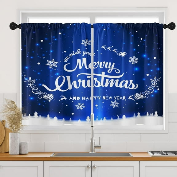 Christmas Kitchen Curtains Blue Window Curtains Over Sink Set of 2, Merry Xmas Short Tier Curtain for Kitchen, Winter Kitchen Decor 27.5" x 36"