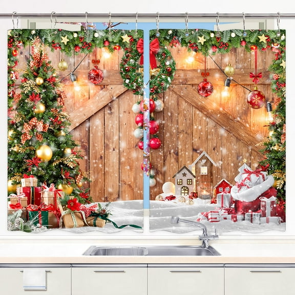 Christmas Kitchen Curtains, Christmas Barn Door Curtains Panels, New Year Xmas Tree Snow Wooden Window Drapes Curtains 2 Panels with Hooks (42X45in)